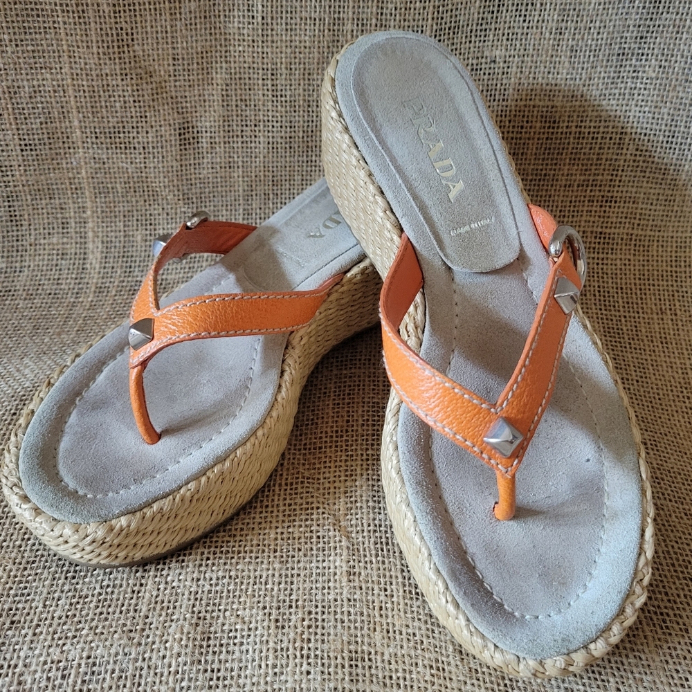 PRADA Orange Leather Thong Straps Weave Platform Sandals Size 35.5